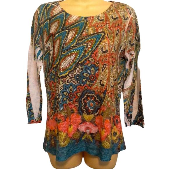 Cactus Multicolor Print Knit Top Blouse Woman Size Medium Stone Bedazzled - Picture 1 of 7